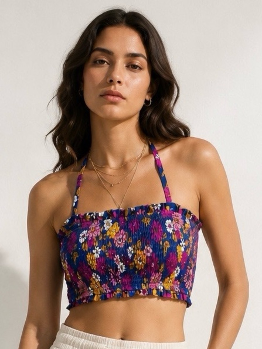Cupshe Navy Floral Smocked Halter Crop Swim Top with Pink & Yellow Flowers